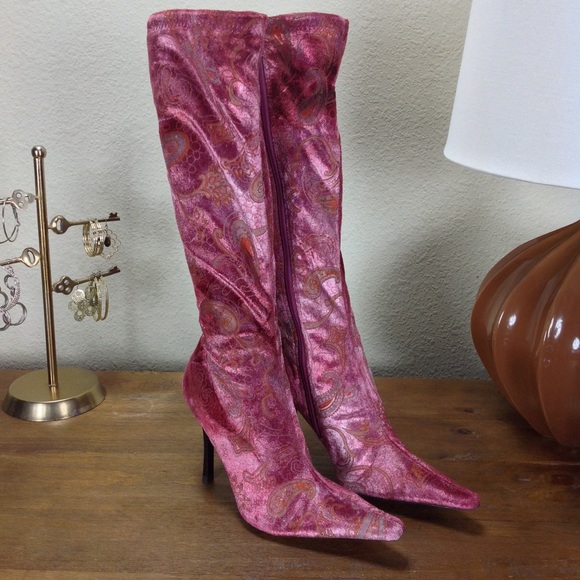 Luichiny Shoes - ❌Luichiny Pink Print Velvet Pointed Stiletto Boots